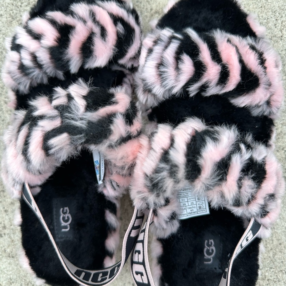 UGG Black and Pink Fluffy Slippers
